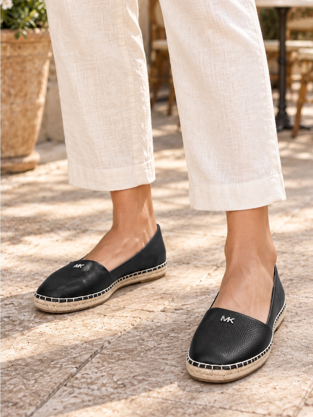 Michael Kors Black Leather MK Espadrille Flats